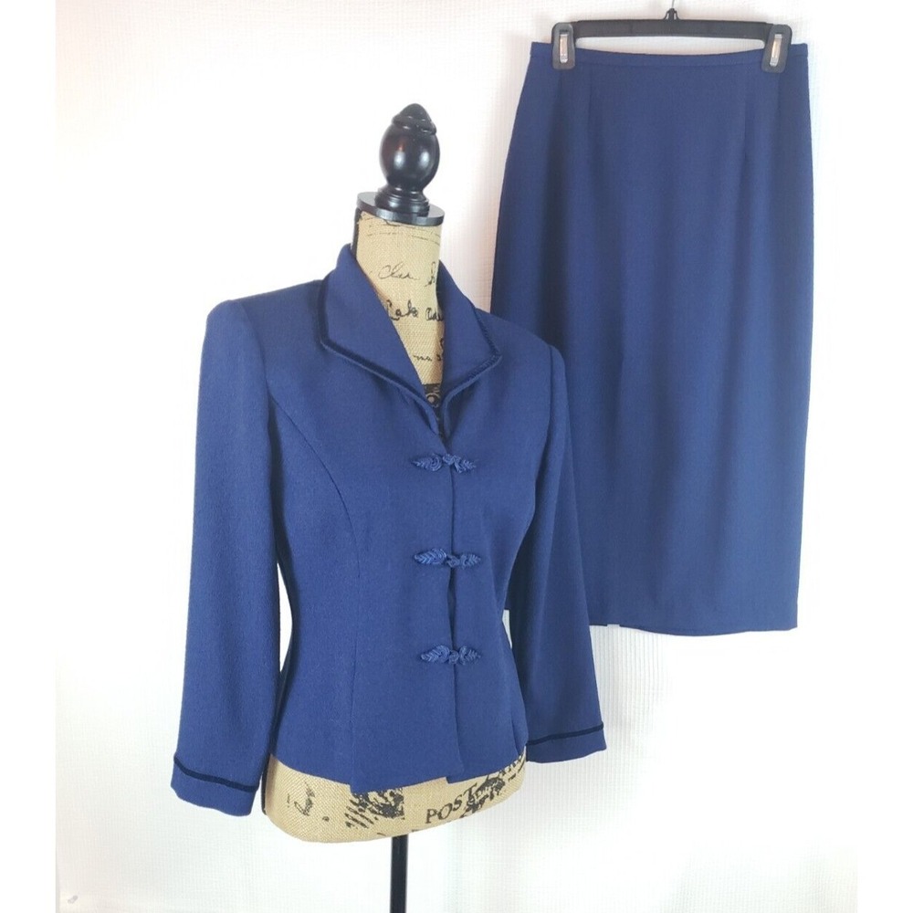 Jessica Howard Petites Womens Skirt Suit Blue Shoulder Pads Med -Large AA207 - Picture 2 of 9